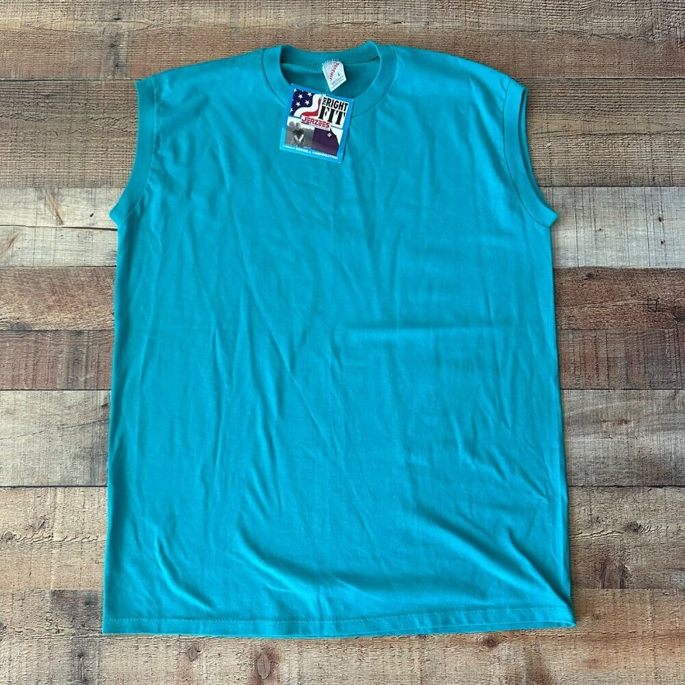 Jerzees Mens Sleeveless T-Shirt Large 100% Cotton USA Made Teal Casual Wear NWT